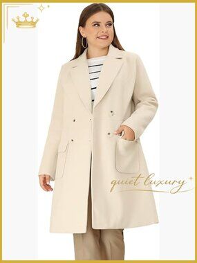 Women's Plus Size Double Breasted Wool Pea Trench Coat with Notch Lapel
